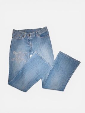 International Concepts Rhinestone Skull Bellbottom Jeans Long Length